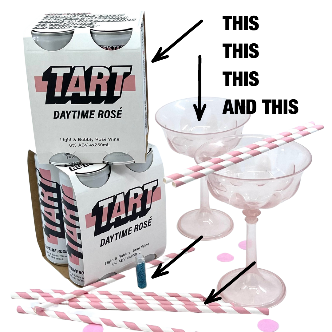 TART Daytime Rosé 8 pack party pack. Includes 8 x 250ml cans, 8 paper straws, 2 reusable cups, 1 vial body glitter